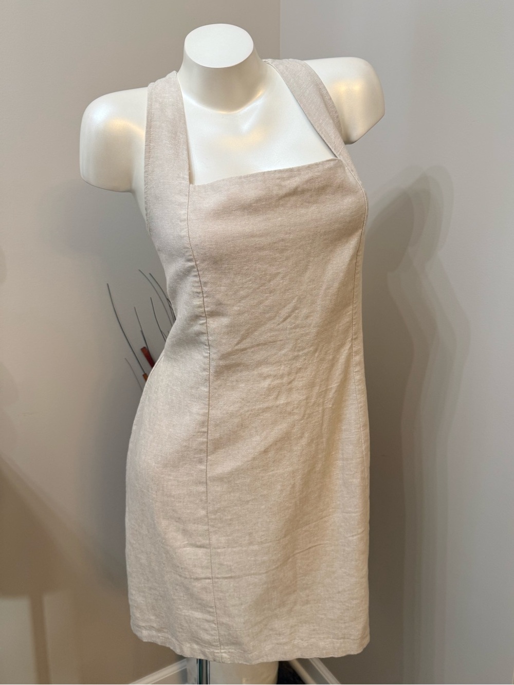 NEW Old Navy Square Neck Flax Linen Blend Tan Mini Dress Smocked Size XL